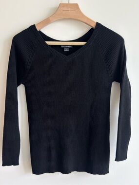 State Cashmere 100% Cashmere Black Rib Knit V Neck Sweater L Luxury Minimalist